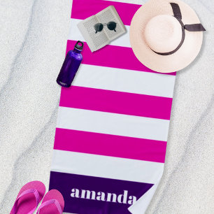Hot Pink White Stripes Custom Name Beach Towel