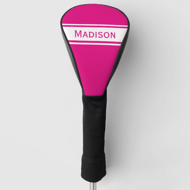 Hot Pink White Stripes Modern Name Monogram Golf Head Cover (Front)