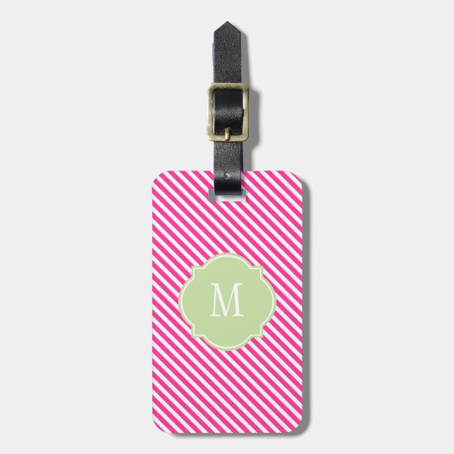 Hot Pink & White Stripes Monogram Luggage Tag (Front Vertical)