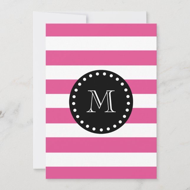 Hot Pink White Stripes Pattern, Black Monogram Card (Front)