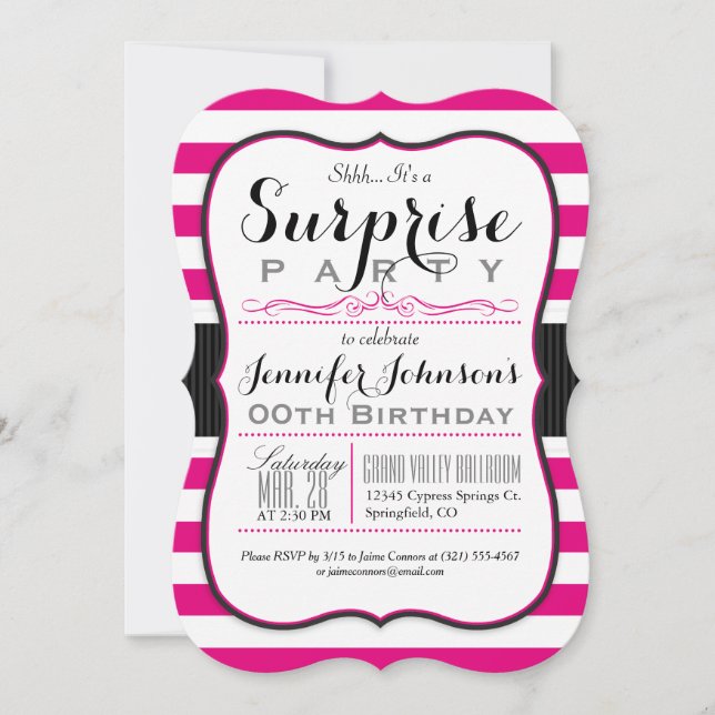 Hot Pink & White Stripes Surprise Party Invitation (Front)