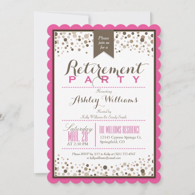 Hot Pink, White, Taupe Brown Retirement Party Invitation (Front)