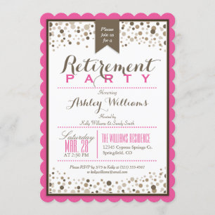 Hot Pink, White, Taupe Brown Retirement Party Invitation