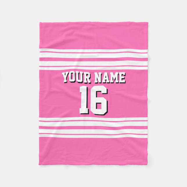 Hot Pink White Team Jersey Custom Number Name Fleece Blanket (Front)