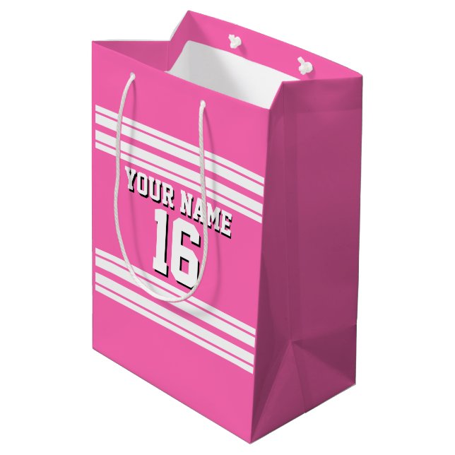Hot Pink White Team Jersey Custom Number Name Medium Gift Bag (Back Angled)