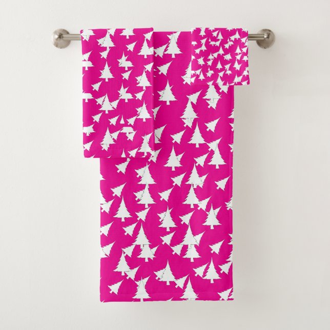 Hot Pink White Trees  Bath Towel Set (Insitu)