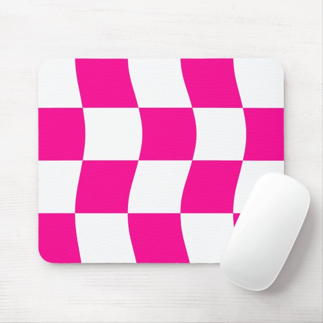 Hot Pink White Wavy Chequerboard Pattern  Mouse Mat (With Mouse)