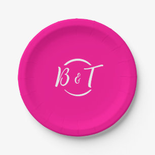 Hot Pink White Wedding Monogram Paper Plate