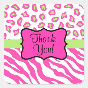 Hot Pink White zebra Leopard Skin Custom Thank You Square Sticker