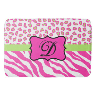 Hot Pink White Zebra Leopard Skin Monogram Bath Mat