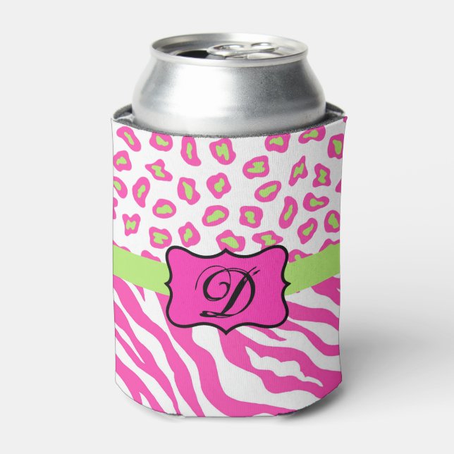 Hot Pink White zebra Leopard Skin Monogram Initial Can Cooler (Can Front)