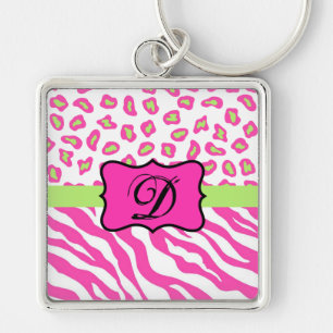 Hot Pink White zebra Leopard Skin Monogram Initial Key Ring