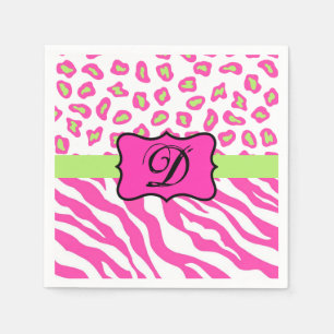 Hot Pink White Zebra Leopard Skin Monogram Initial Napkin