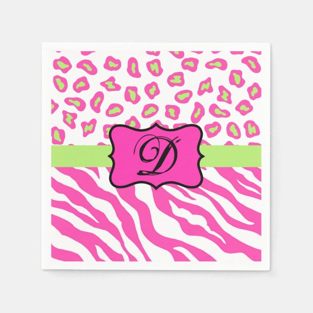 Hot Pink White Zebra Leopard Skin Monogram Initial Napkin (Front)