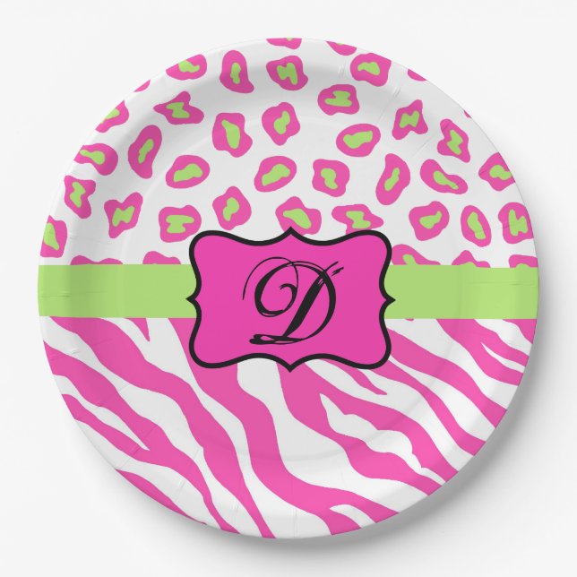Hot Pink White zebra Leopard Skin Monogram Initial Paper Plate (Front)
