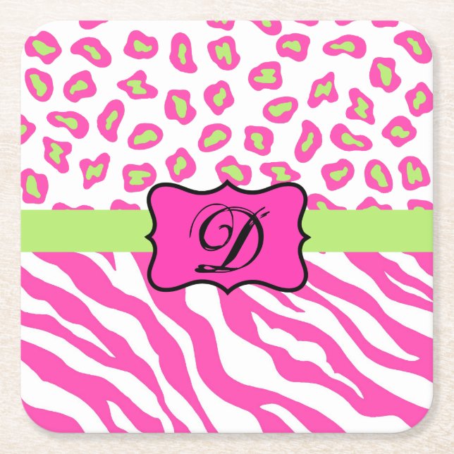 Hot Pink White Zebra Leopard Skin Monogram Initial Square Paper Coaster (Front)