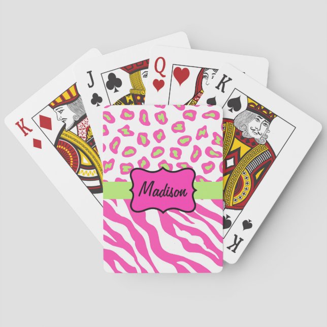 Hot Pink White Zebra Leopard Skin Name Personalise Playing Cards (Back)