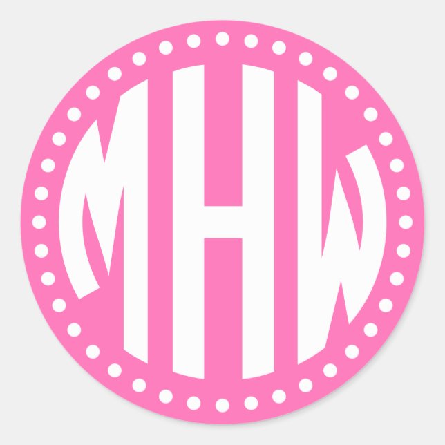 Hot Pink Wht 3 Initial Circle Monogram Dot DIY BG Classic Round Sticker (Front)