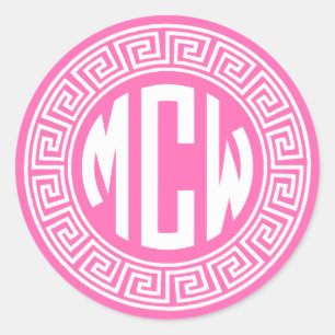 Hot Pink Wht Circle Monogram Font Greek Key Frame Classic Round Sticker