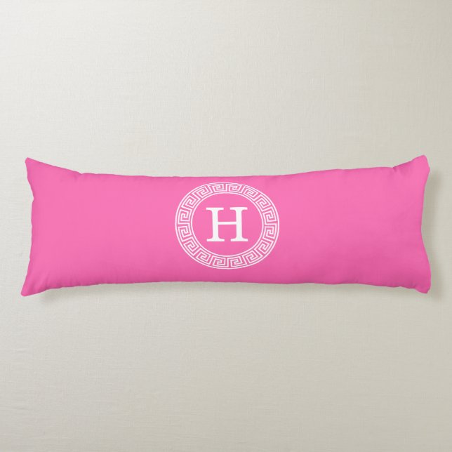 Hot Pink Wht Greek Key Rnd Frame Initial Monogram Body Cushion (Front)