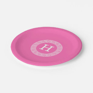 Hot Pink Wht Greek Key Rnd Frame Initial Monogram Paper Plate