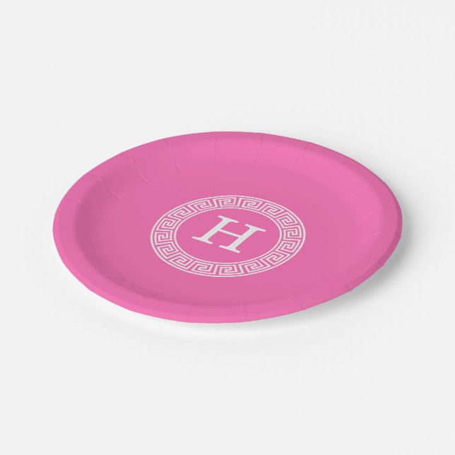 Hot Pink Wht Greek Key Rnd Frame Initial Monogram Paper Plate (Angled)