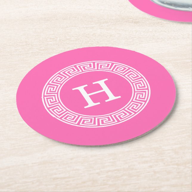 Hot Pink Wht Greek Key Rnd Frame Initial Monogram Round Paper Coaster (Angled)