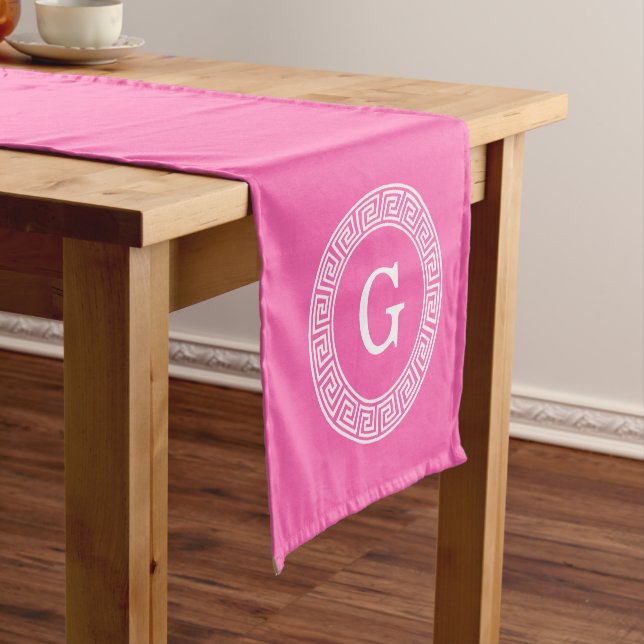 Hot Pink Wht Greek Key Rnd Frame Initial Monogram Short Table Runner (In Situ)
