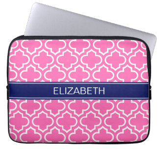 Hot PInk Wht Moroccan #6 Navy Blue Name Monogram Laptop Sleeve