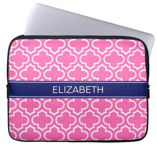 Hot PInk Wht Moroccan #6 Navy Blue Name Monogram Laptop Sleeve (Front)