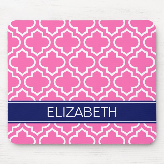 Hot PInk Wht Moroccan #6 Navy Blue Name Monogram Mouse Mat (Front)
