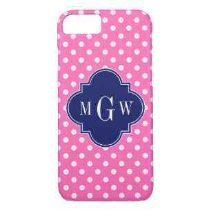 Hot Pink Wht Polka Dots Navy Quatrefoil 3 Monogram iPhone 8/7 Case