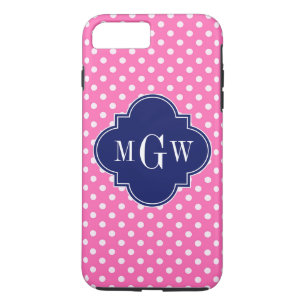Hot Pink Wht Polka Dots Navy Quatrefoil 3 Monogram iPhone 8 Plus/7 Plus Case