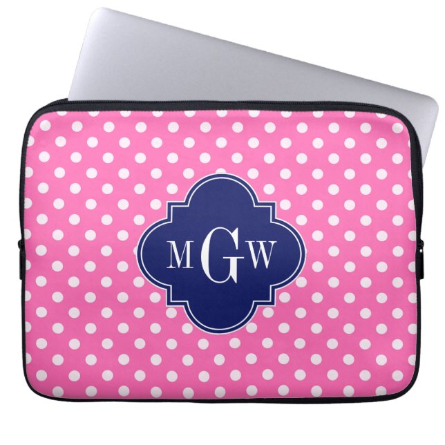 Hot Pink Wht Polka Dots Navy Quatrefoil 3 Monogram Laptop Sleeve (Front)