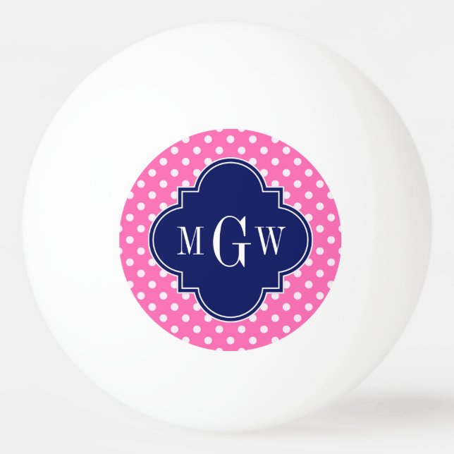 Hot Pink Wht Polka Dots Navy Quatrefoil 3 Monogram Ping Pong Ball (Front)