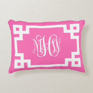 Hot Pink Wht Vine Script Monogram Greek Key DIY BG Decorative Cushion