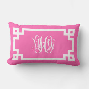 Hot Pink Wht Vine Script Monogram Greek Key DIY BG Lumbar Cushion