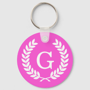 Hot Pink Wht Wheat Laurel Wreath Initial Monogram Key Ring