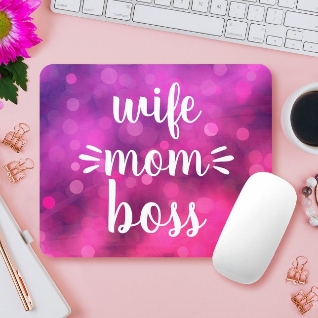Hot Pink Wife Mom Boss Babe Fun Script Typography Mouse Mat (Creator Uploaded)