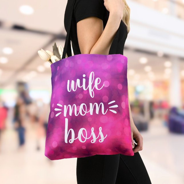 Hot Pink Wife Mum Boss Babe Fun Script Typography Tote Bag (Creator Uploaded)