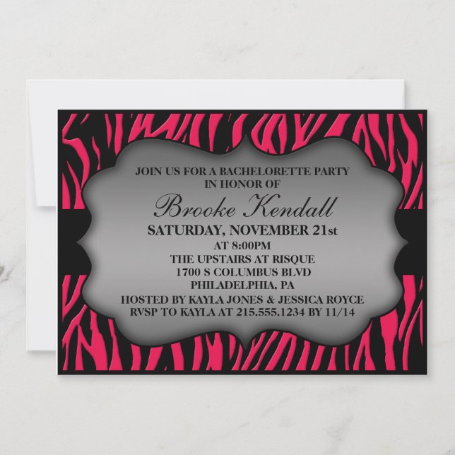 Hot Pink Wild Night Zebra Print Bachelorette Party Invitation (Front)