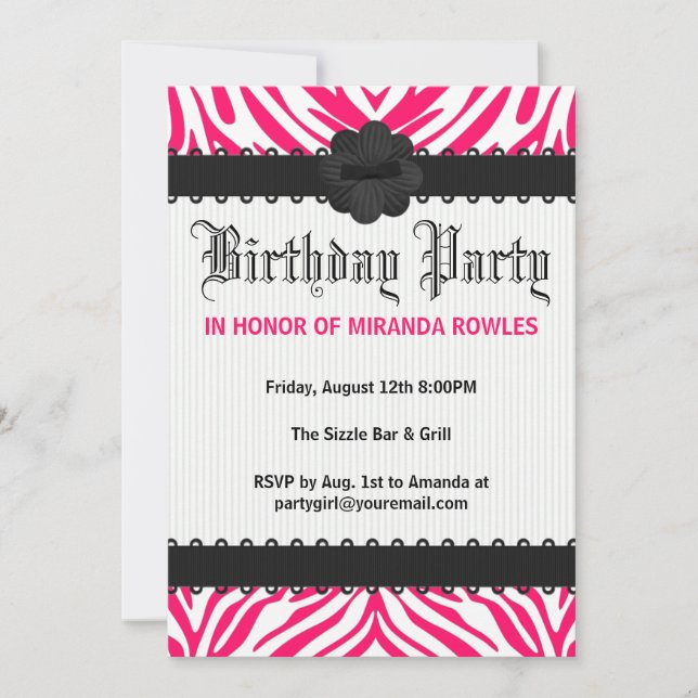 Hot Pink Wild Zebra Birthday Party Invitations (Front)