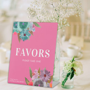 Hot Pink Wildflower Wedding Favours Please Take On Pedestal Sign