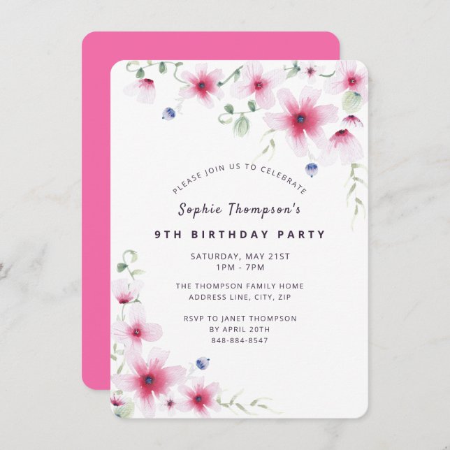 Hot Pink Wildflowers Simple Girly Birthday Party Invitation (Front/Back)