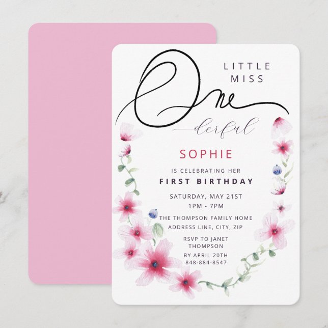 Hot Pink Wildflowers Wreath One-derful Girl Party Invitation (Front/Back)