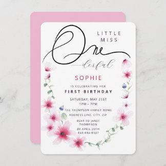 Hot Pink Wildflowers Wreath One-derful Girl Party Invitation
