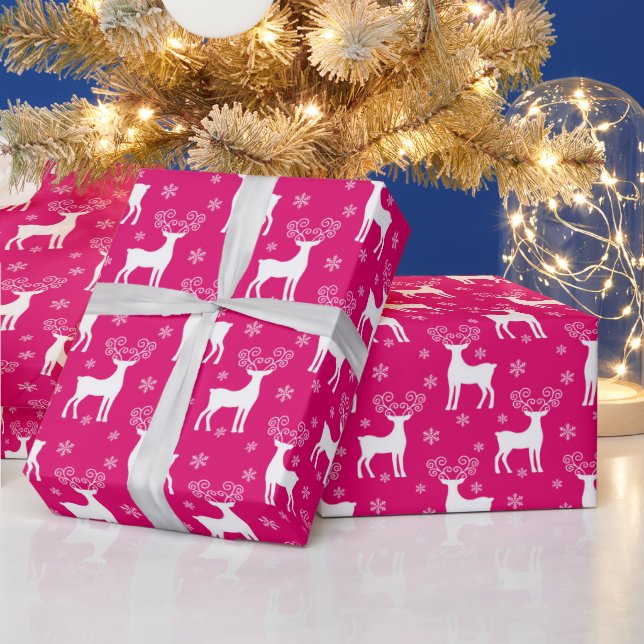 Hot Pink Winter Reindeer & Snowflakes Christmas Wrapping Paper (Holidays)
