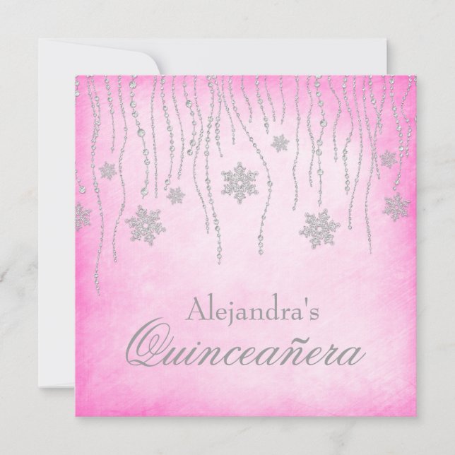 Hot Pink Winter Wonderland Snowflakes Quinceanera Invitation (Front)