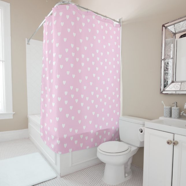 Hot Pink with Cute White Hearts Pattern Shower Curtain (In Situ)