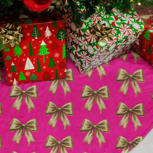 Hot Pink with Gold Glitter Bows Brushed Polyester Tree Skirt